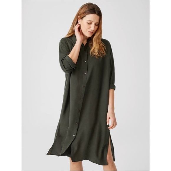 Eileen Fisher Washed Silk Habutai Shirtdress Seaweed Green Size XS - Picture 1 of 7